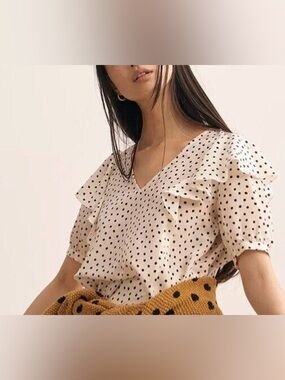 Shoulder Ruffle V-Neck 100% Silk Top